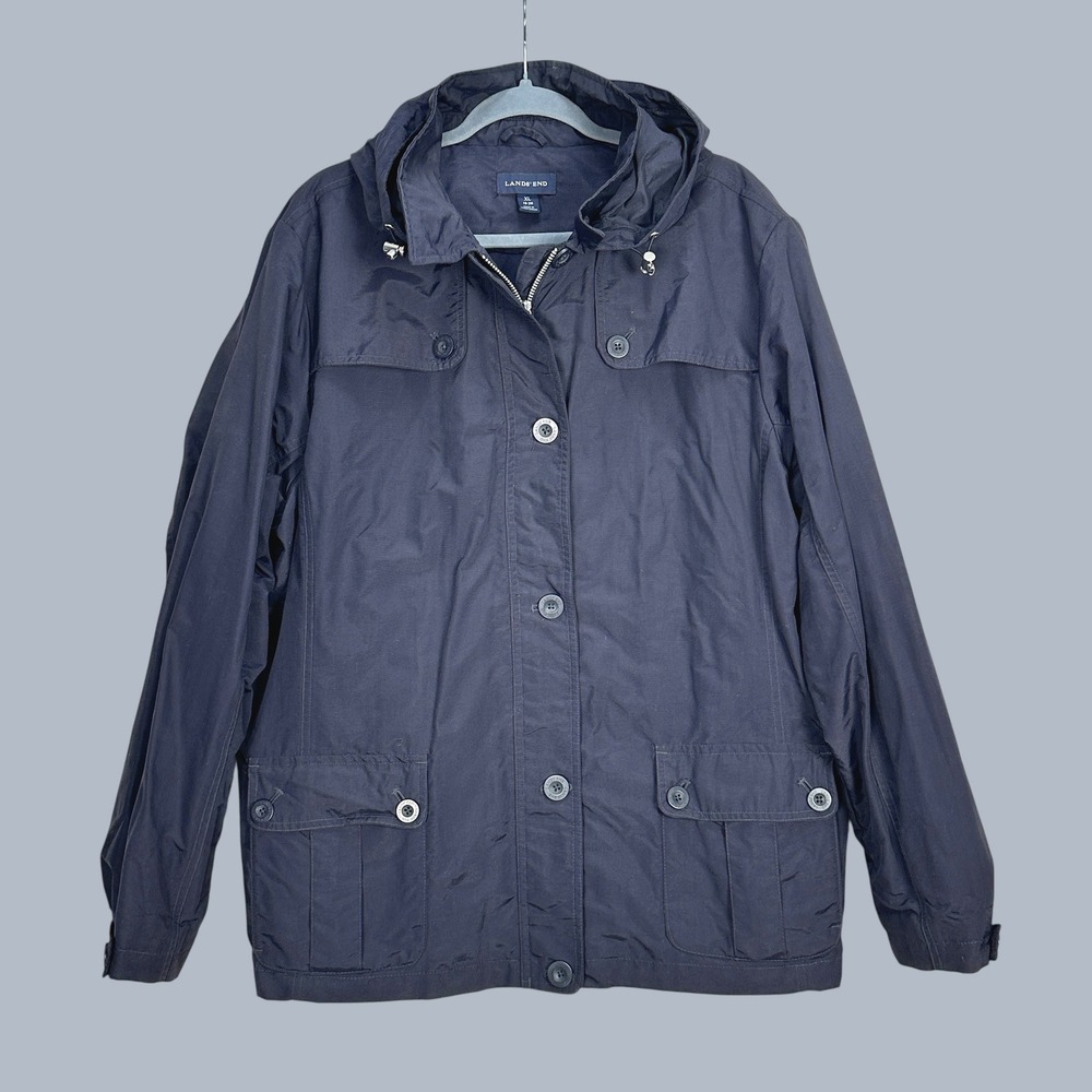 Lands End Womens XL Navy Blue Hooded Rain Jacket Nylon Full Zip Parka Coat